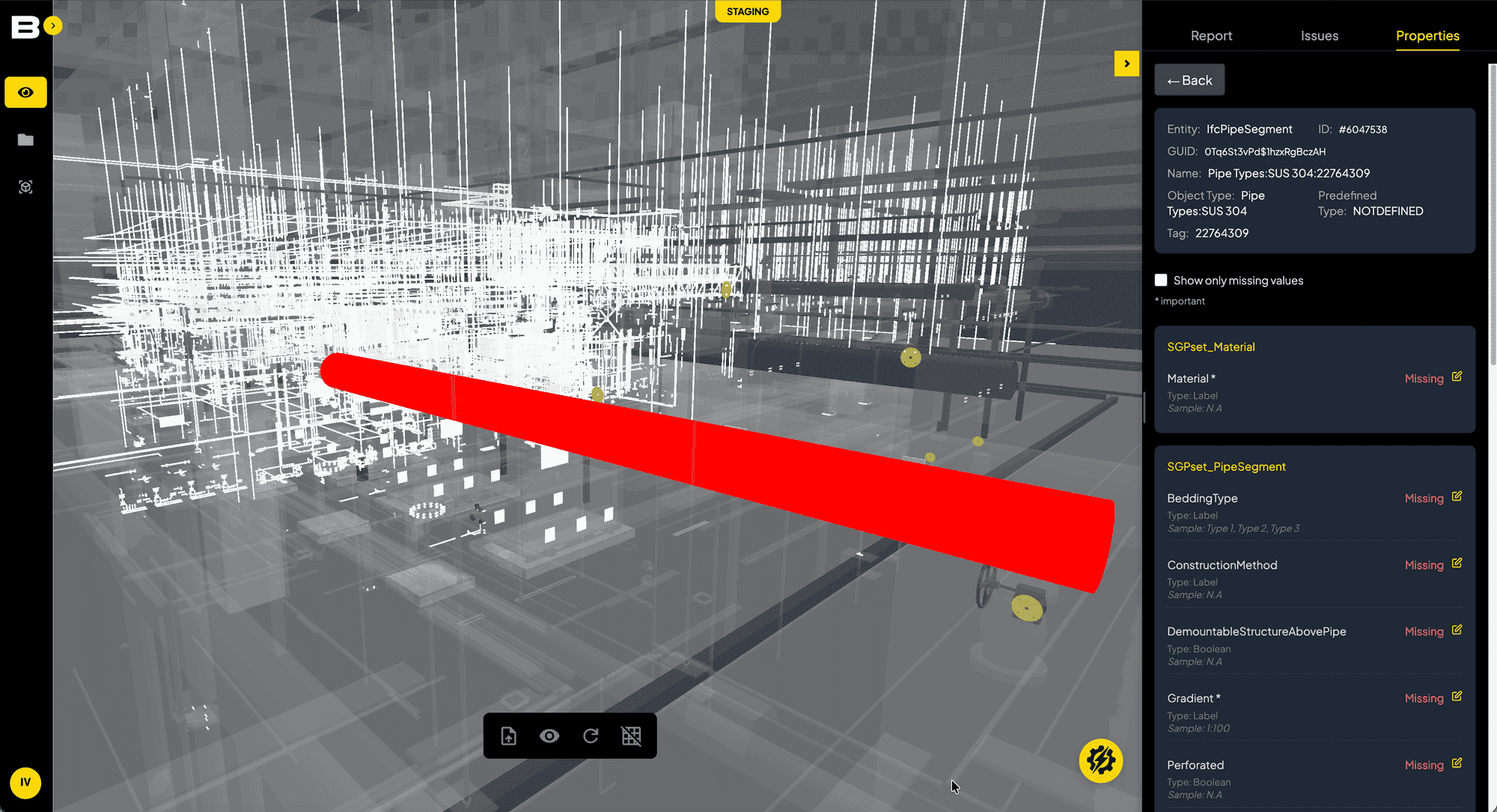 MEP model with pipe segment properties checked for missing values